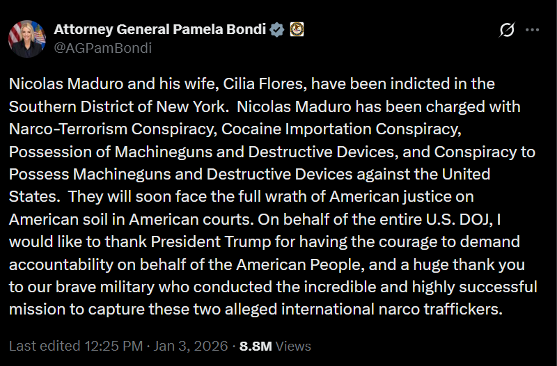 US announces drug and terrorism charges against captured Venezuelan President Maduro